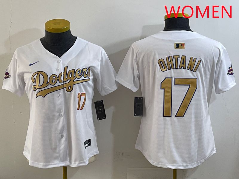 Women Los Angeles Dodgers #17 Ohtani White Champion gold character 2025 Nike MLB Jersey style 5